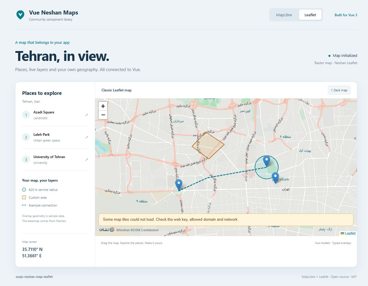 Leaflet map with markers and sample service geometry